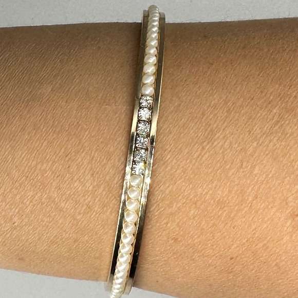 FAUX PEARL CRYSTAL BANGLE CUFF BRACELET GLAM - Picture 9 of 16